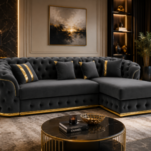 Madrid Chesterfield 4 Seater L-Shape Chaise Chenille Dark Grey Sofa 4