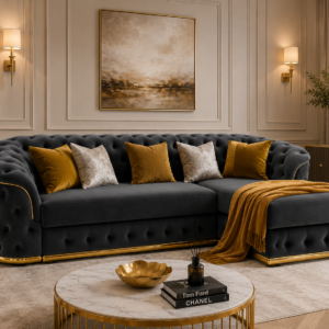 Madrid Chesterfield 4 Seater L-Shape Chaise Chenille Dark Grey Sofa 5