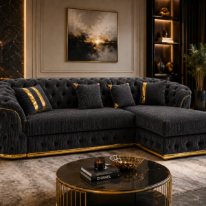 Madrid Chesterfield 4 Seater L-Shape Chaise Jumbo Cord Dark Grey Sofa 4