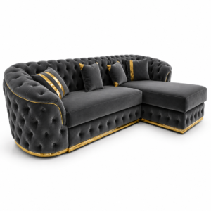 Madrid Chesterfield 4 Seater L-Shape Chaise Plush Velvet Dark Grey Sofa 1