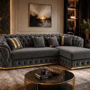 Madrid Chesterfield 4 Seater L-Shape Chaise Plush Velvet Dark Grey Sofa 4