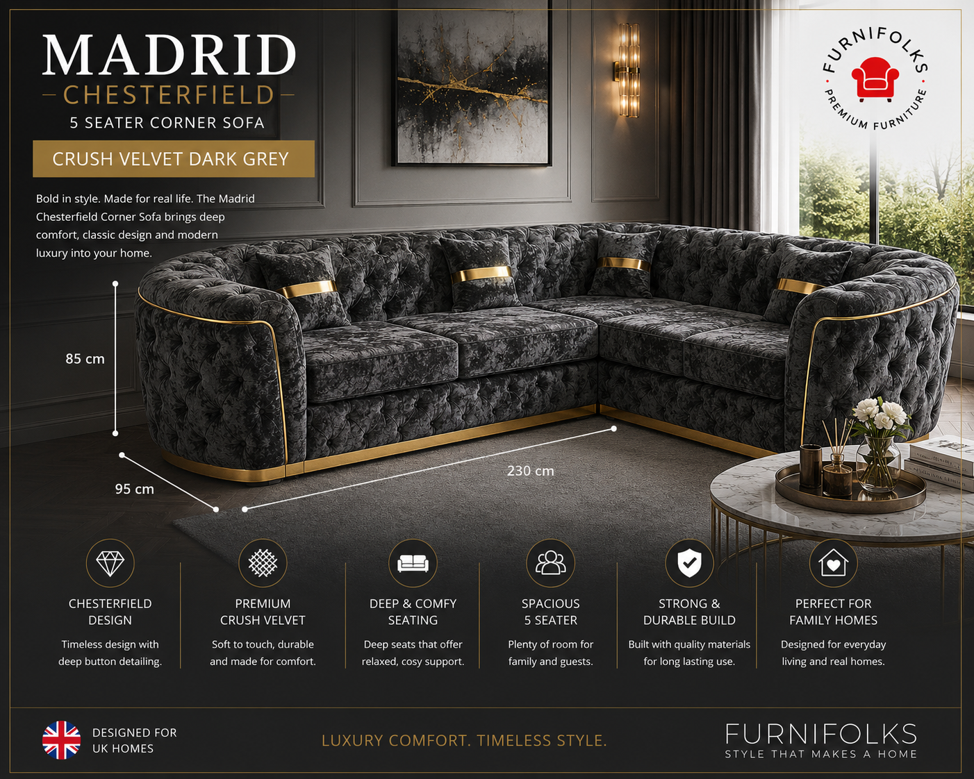 Madrid Chesterfield 5 Seater Corner Crush Velvet Dark Grey Sofa 2