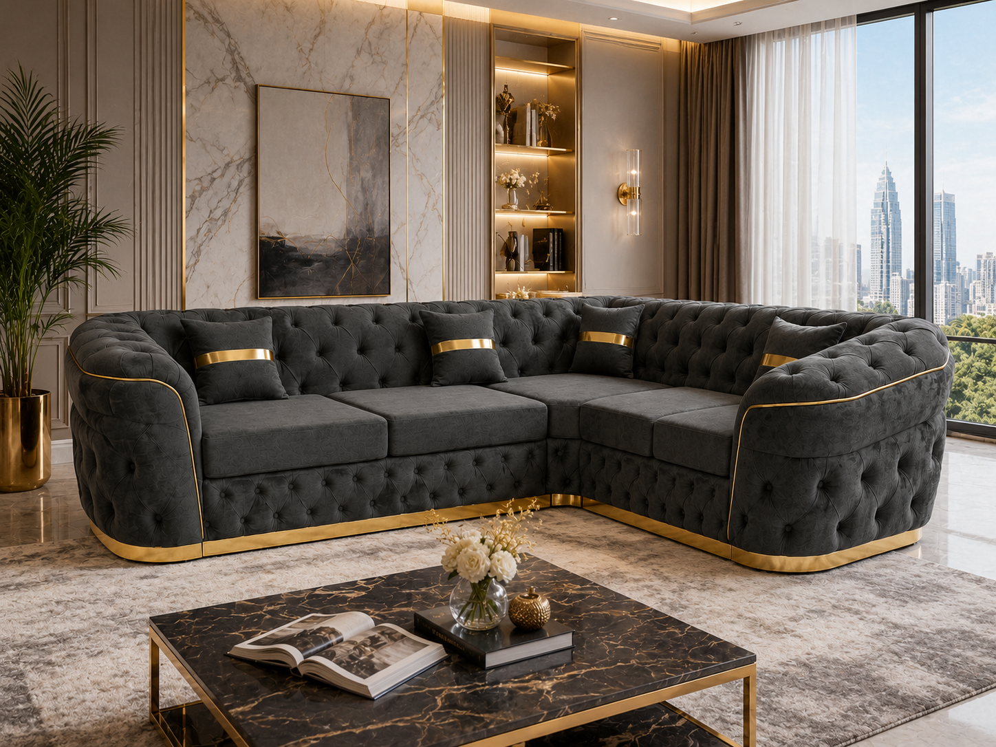 Madrid Chesterfield 5 Seater Corner Crush Velvet Dark Grey Sofa 5 Madrid Chesterfield 5 Seater Corner Crush Velvet Dark Grey Sofa 5
