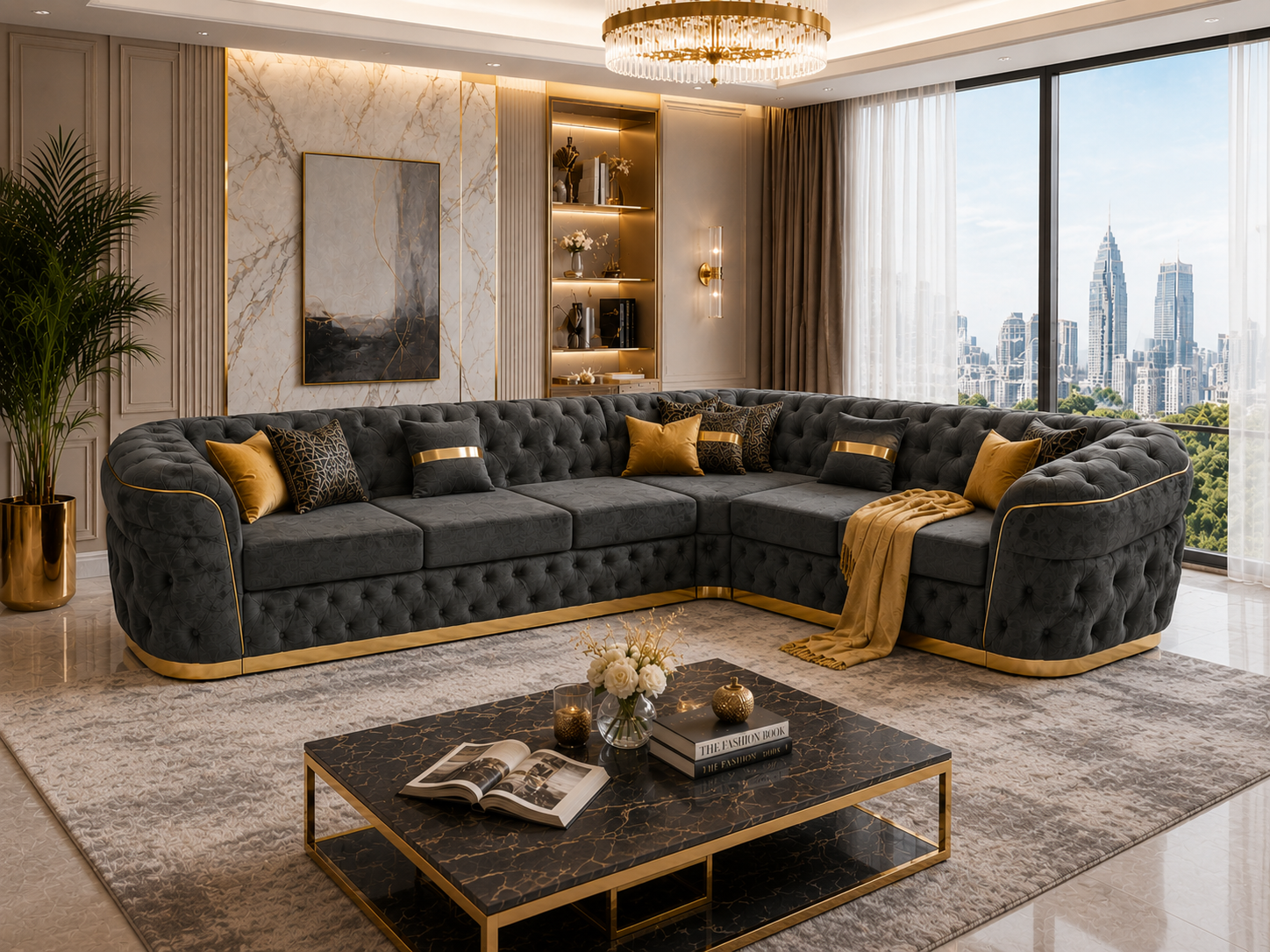 Madrid Chesterfield 5 Seater Corner Crush Velvet Dark Grey Sofa 6