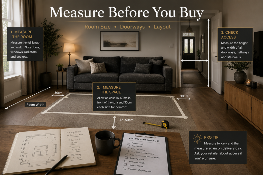 Measuring a living room before buying a dark grey sofa