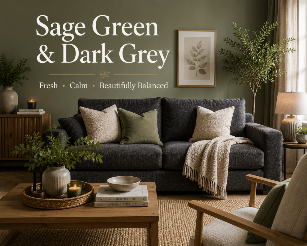 Sage green walls with a dark grey sofa in a UK living room