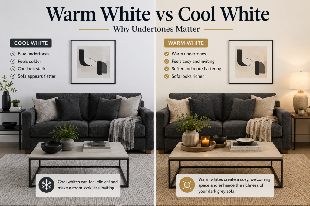 Warm white and cool white walls with a dark grey sofa