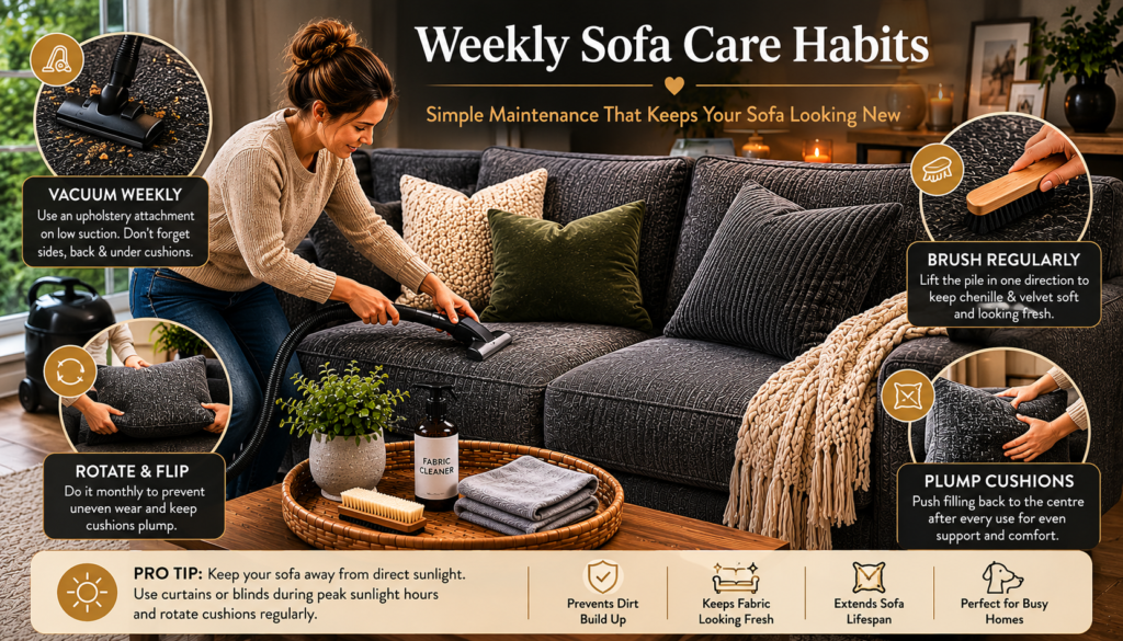 Weekly maintenance routine for a dark grey fabric sofa