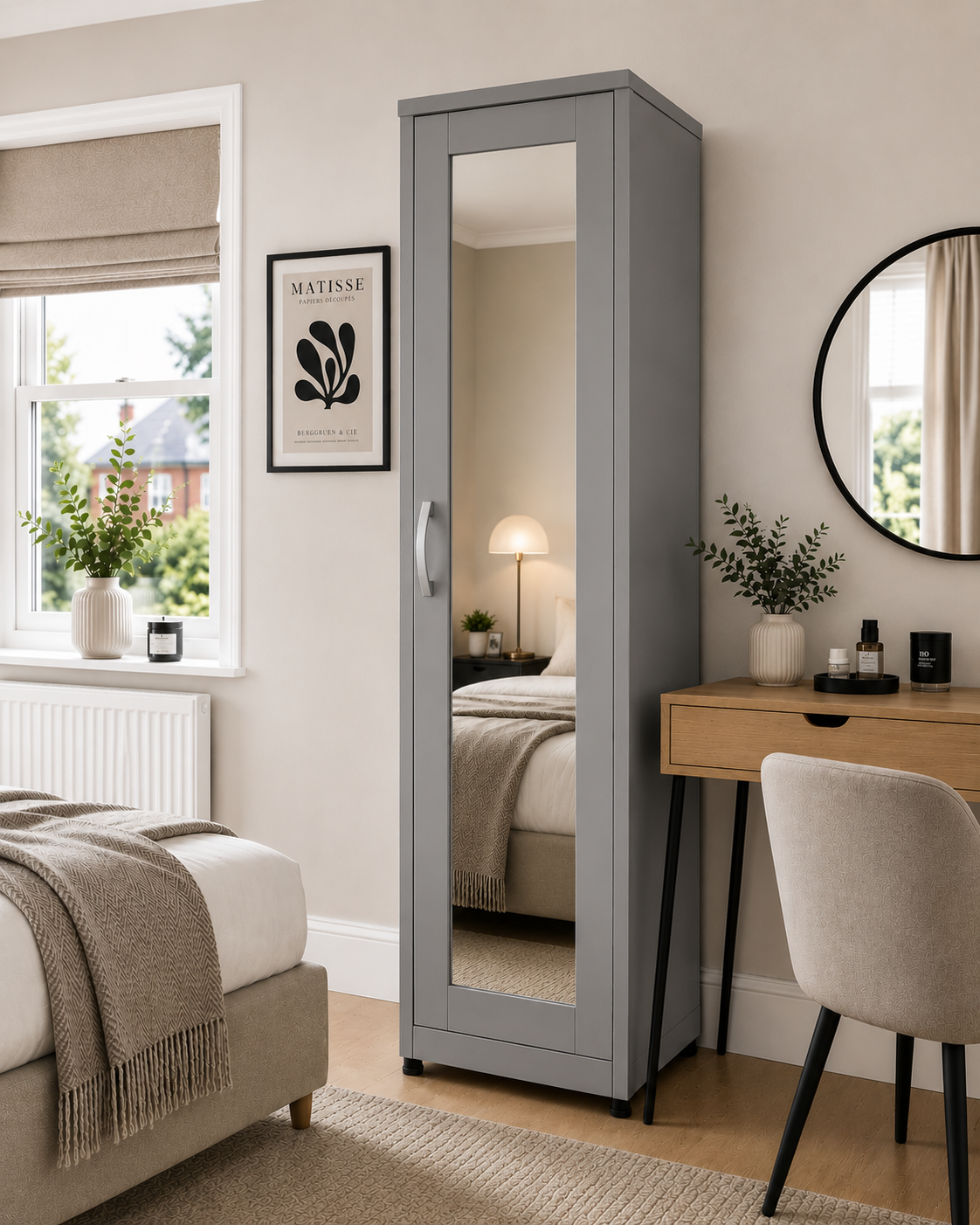 1 Door Wardrobe Single Gray front with mirror lifestyle
