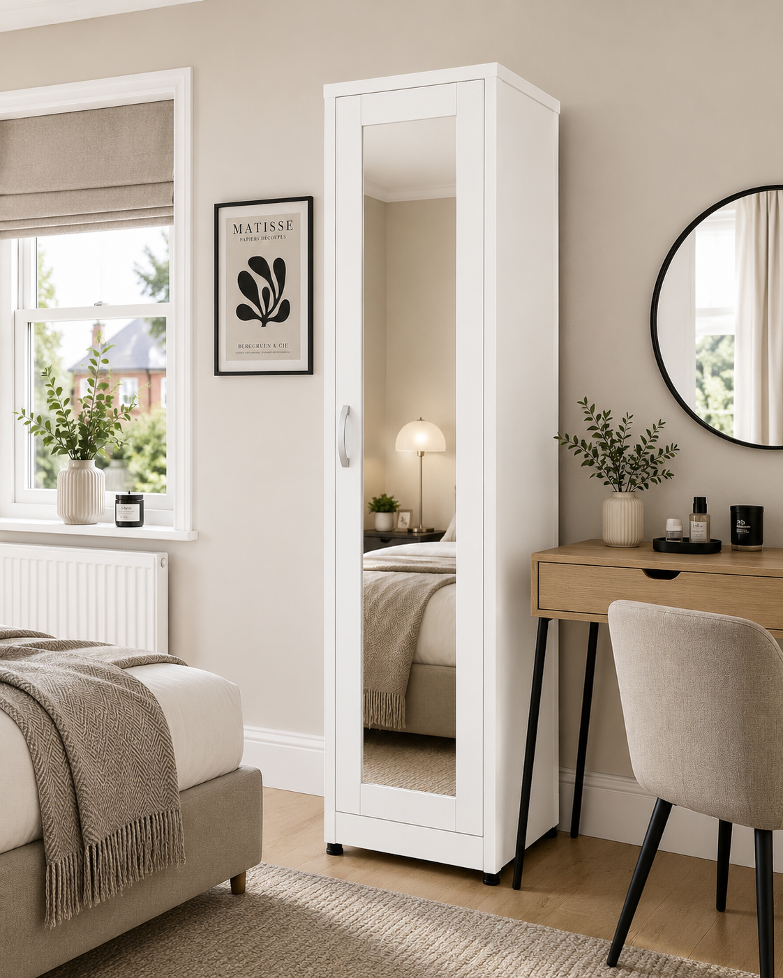 1 Door Wardrobe Single White with mirror lifestyle