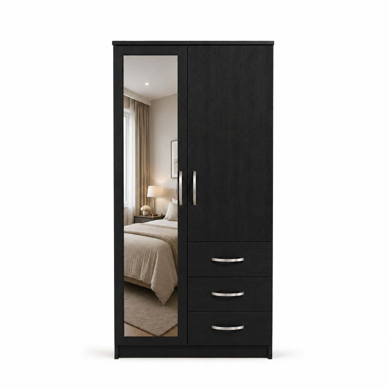 2 Door Wardrobe Single with Side Drawers Black front