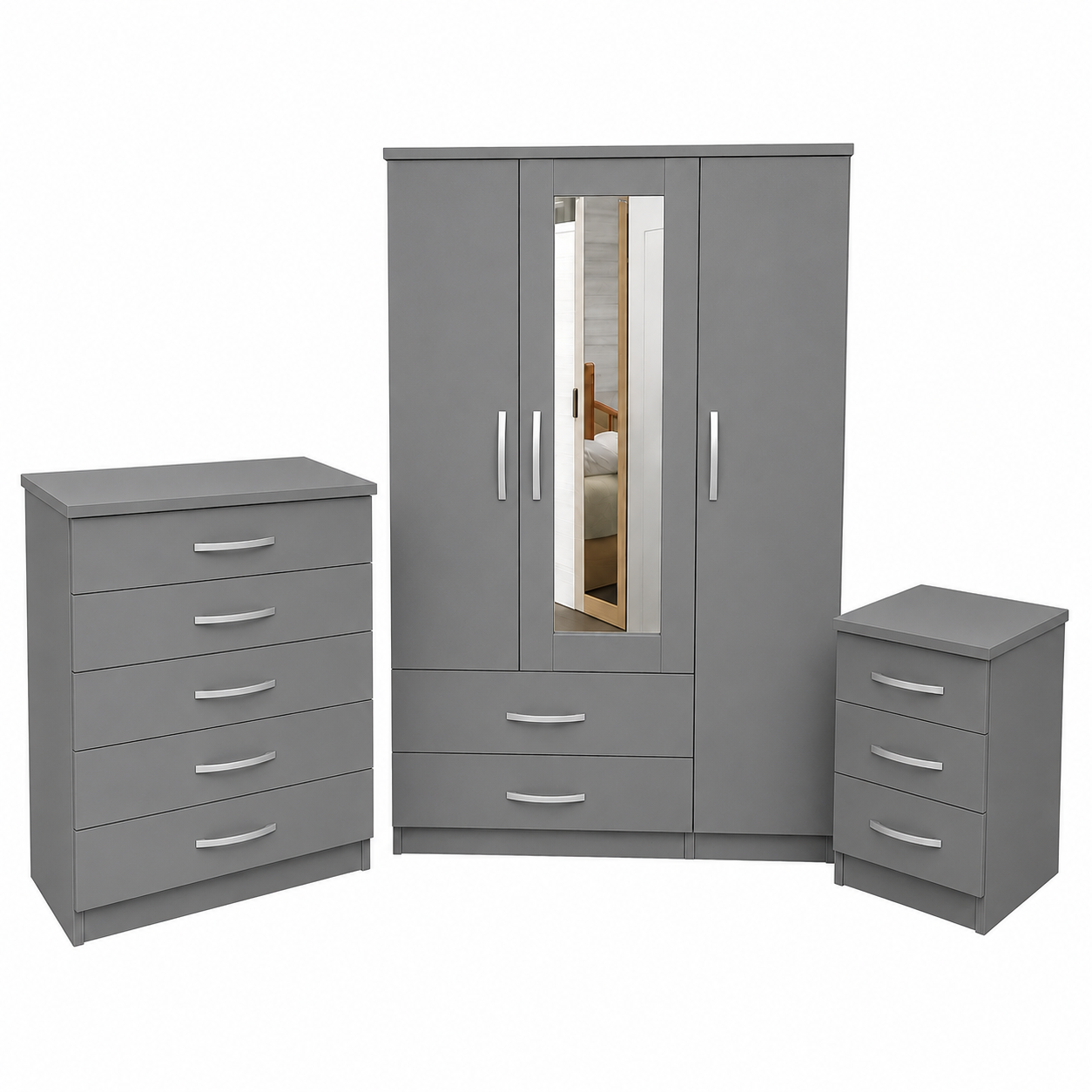 3 Door Wardrobe Set Gray front