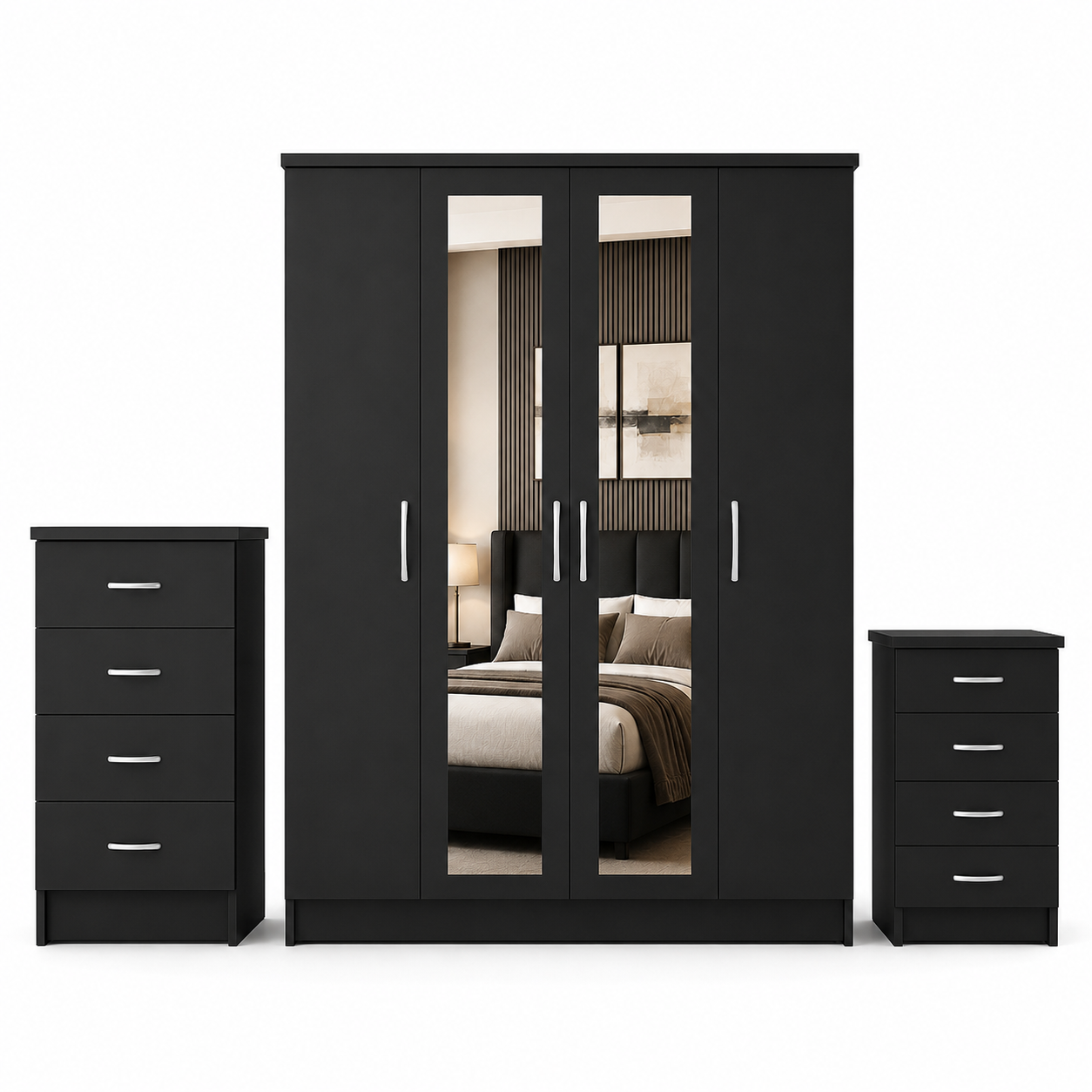 4 Door Wardrobe Set Black front