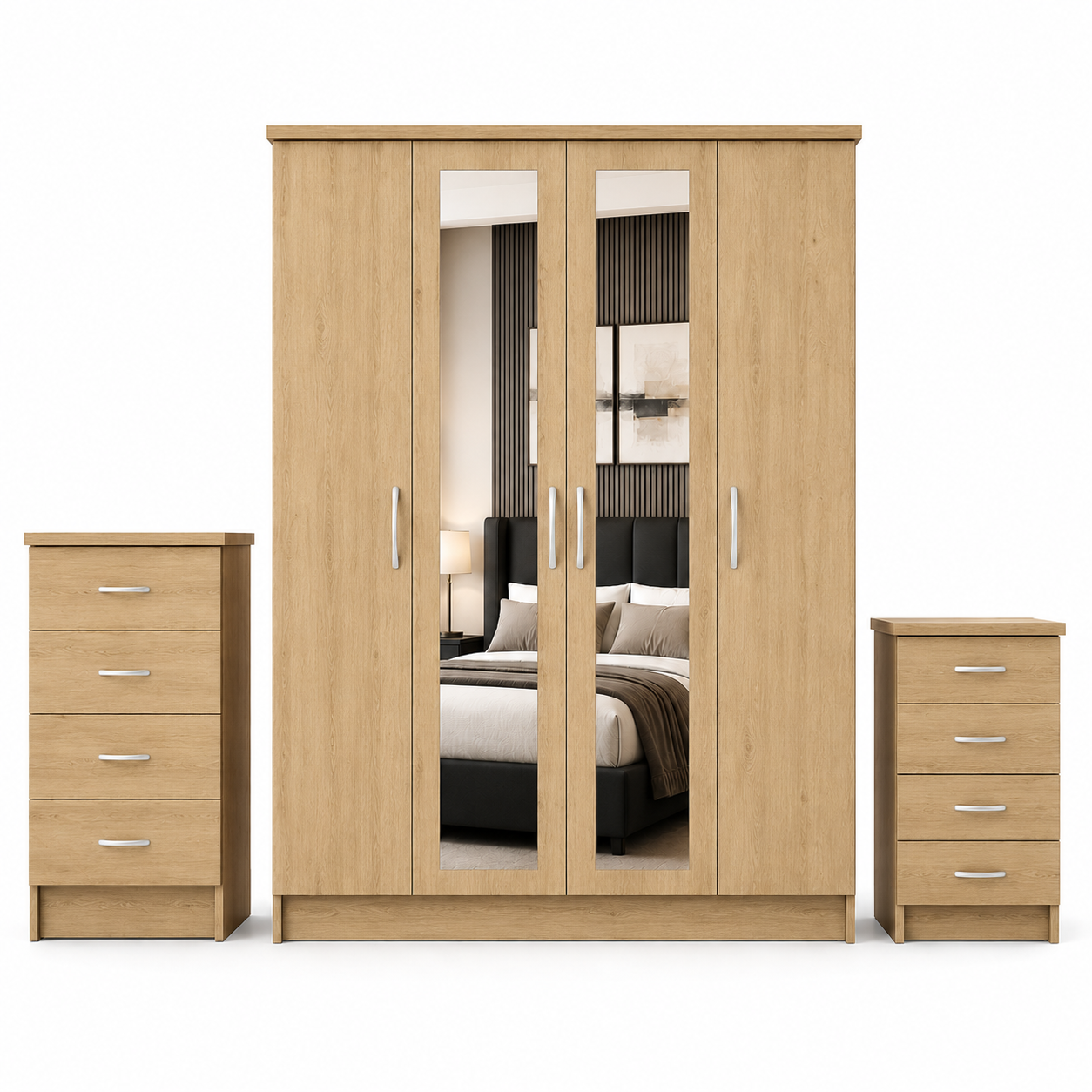 4 Door Wardrobe Set Oak front