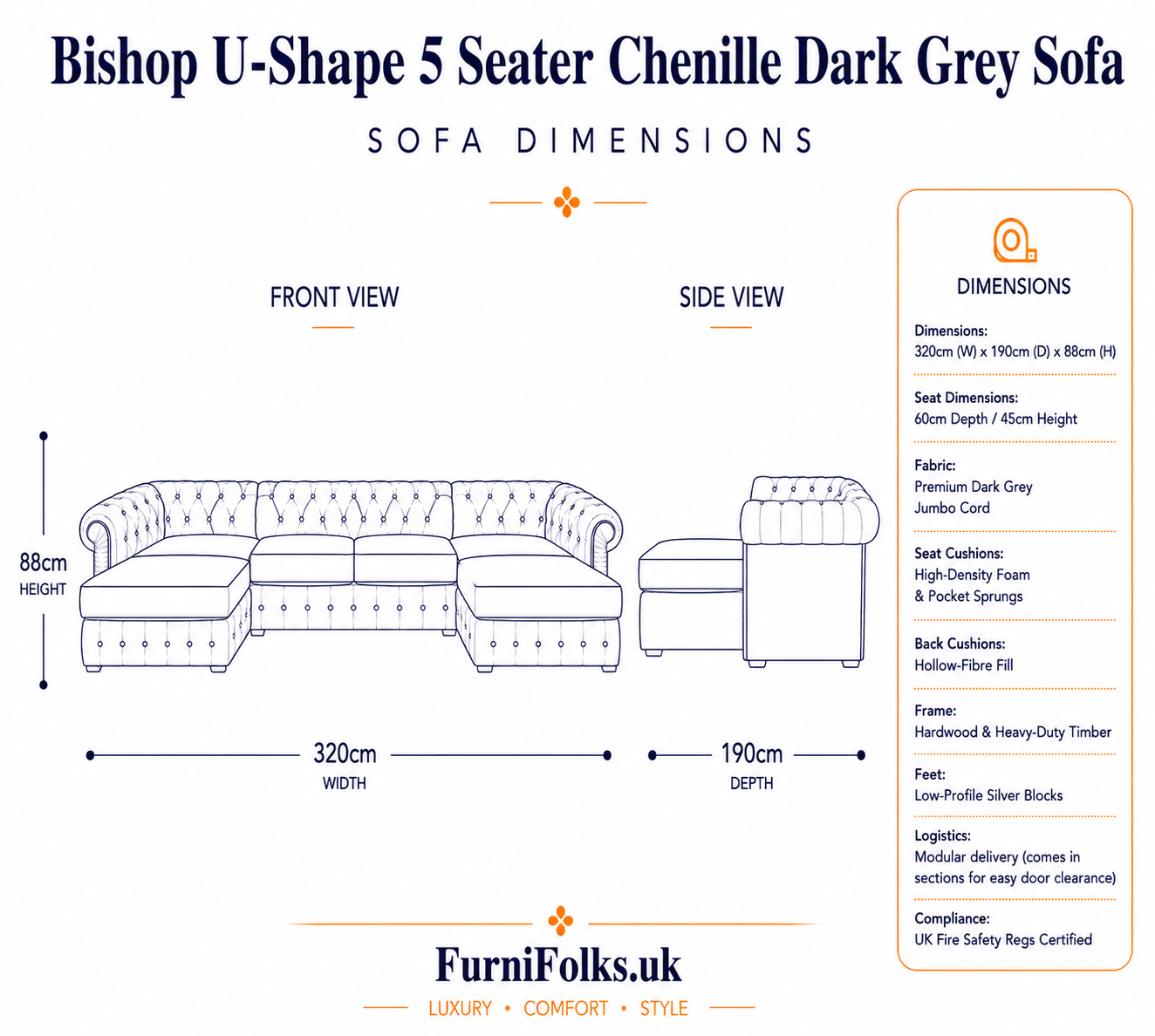 Bishop Large U Shape 5 Seater Chenille Dark Grey Sofa