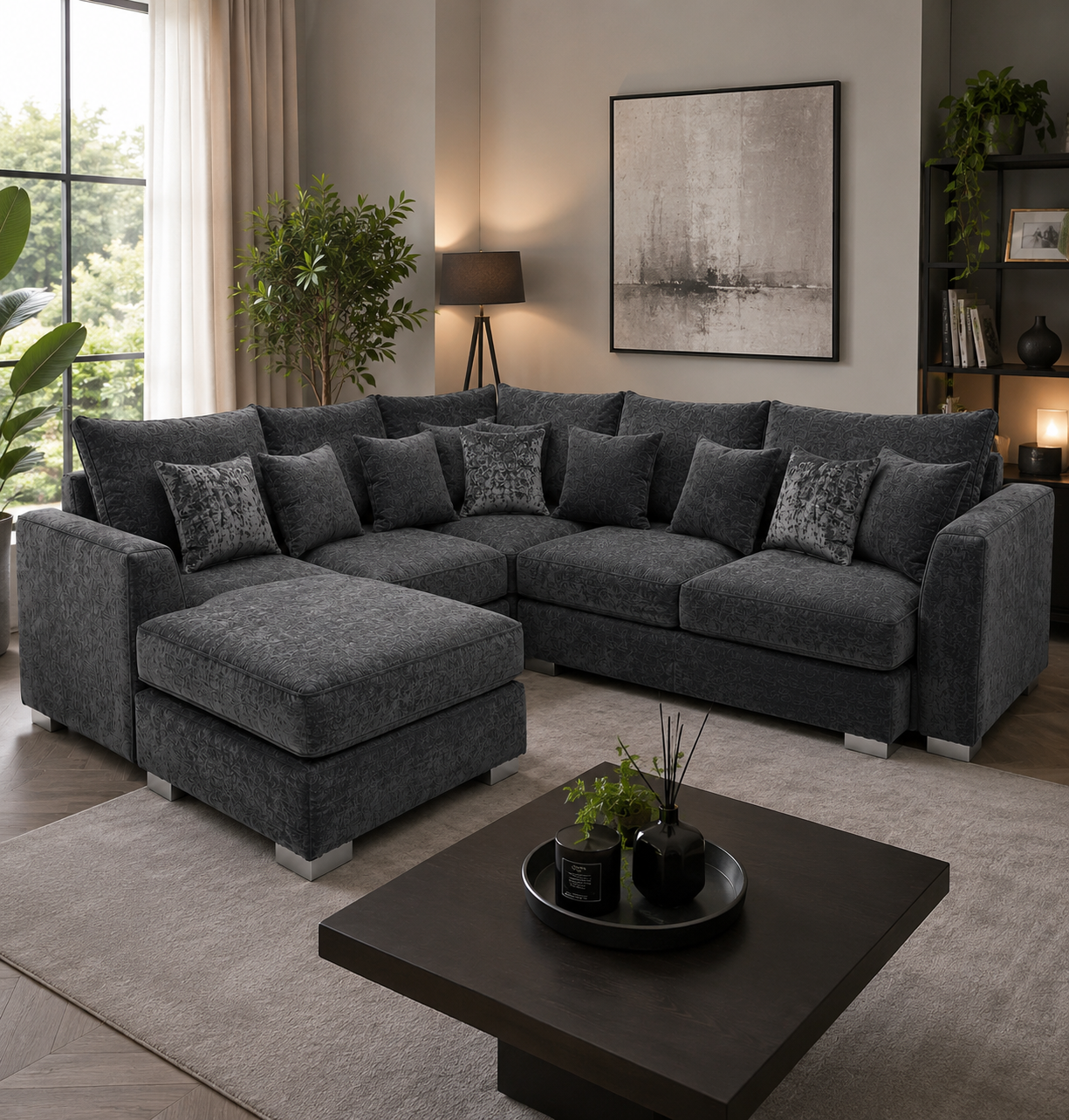 Bishop Large U Shape 5 Seater Chenille Dark Grey Sofa lifestyle