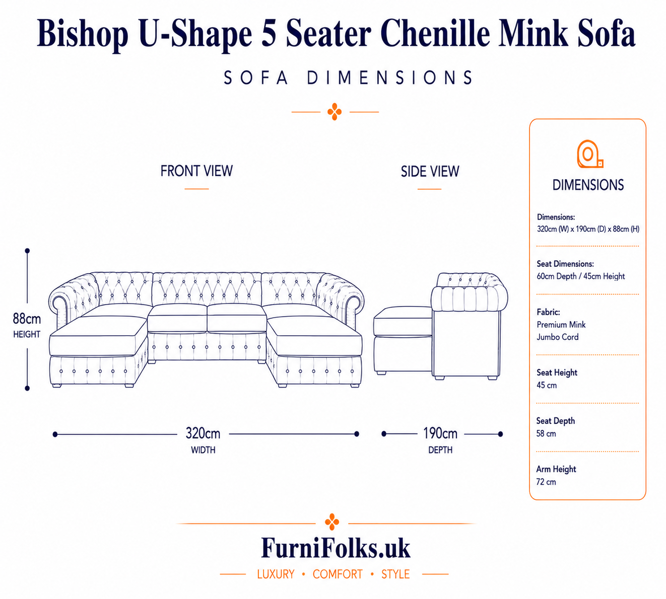Bishop Large U Shape 5 Seater Chenille Mink Sofa 6