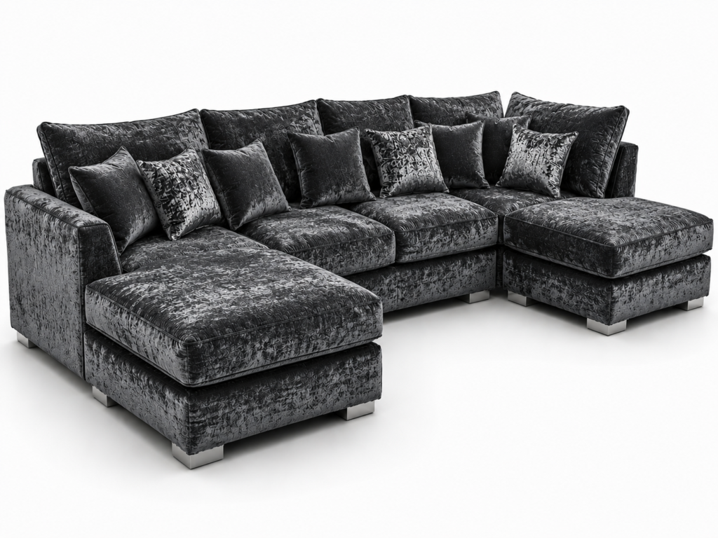 Bishop Large U Shape 5 Seater Crushed Velvet Fabric Dark Grey Sofa