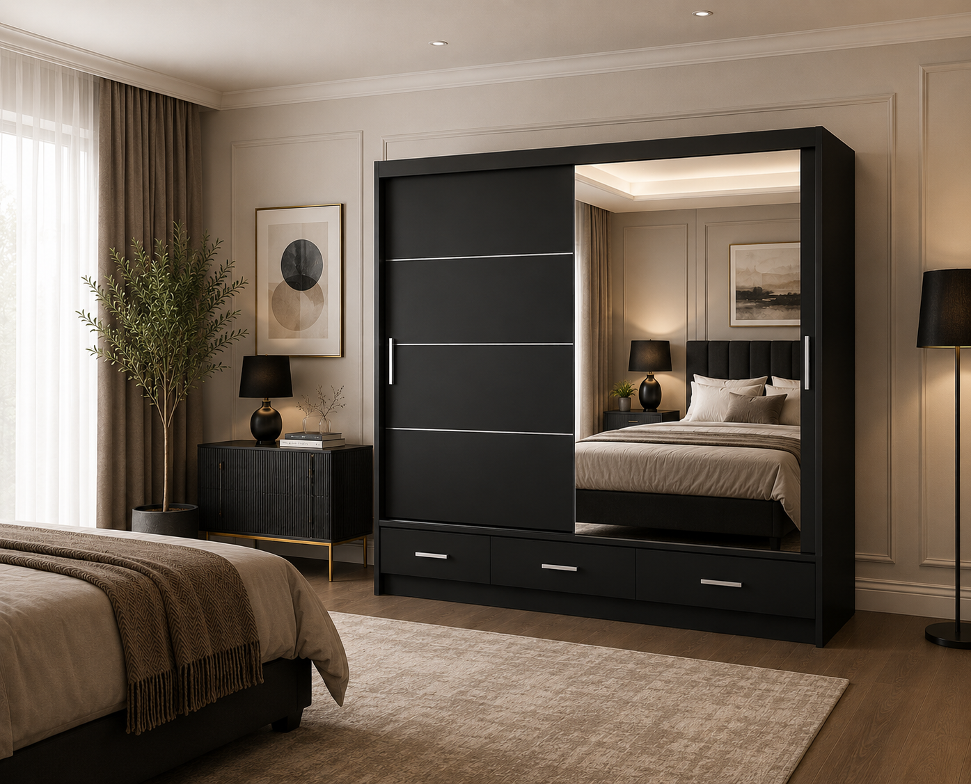 Florence Sliding Door Wardrobe Black | Mirrored Sliding Wardrobe - Image 4