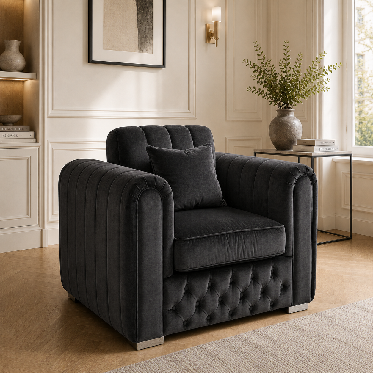 Lilly 1 Seater Plush Velvet Dark Grey Sofa | FurniFolks - Image 4