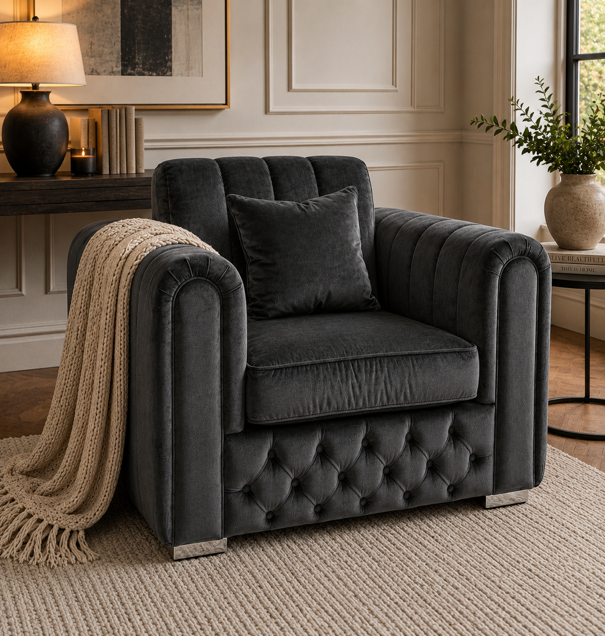 Lilly 1 Seater Plush Velvet Dark Grey Sofa 5