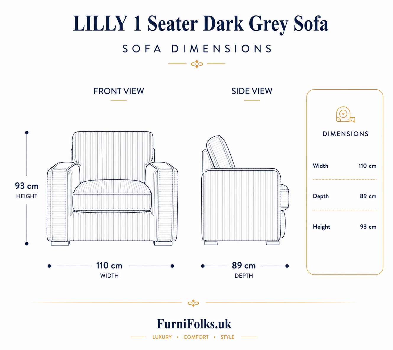 Lilly 1 Seater Plush Velvet Dark Grey Sofa dimensions