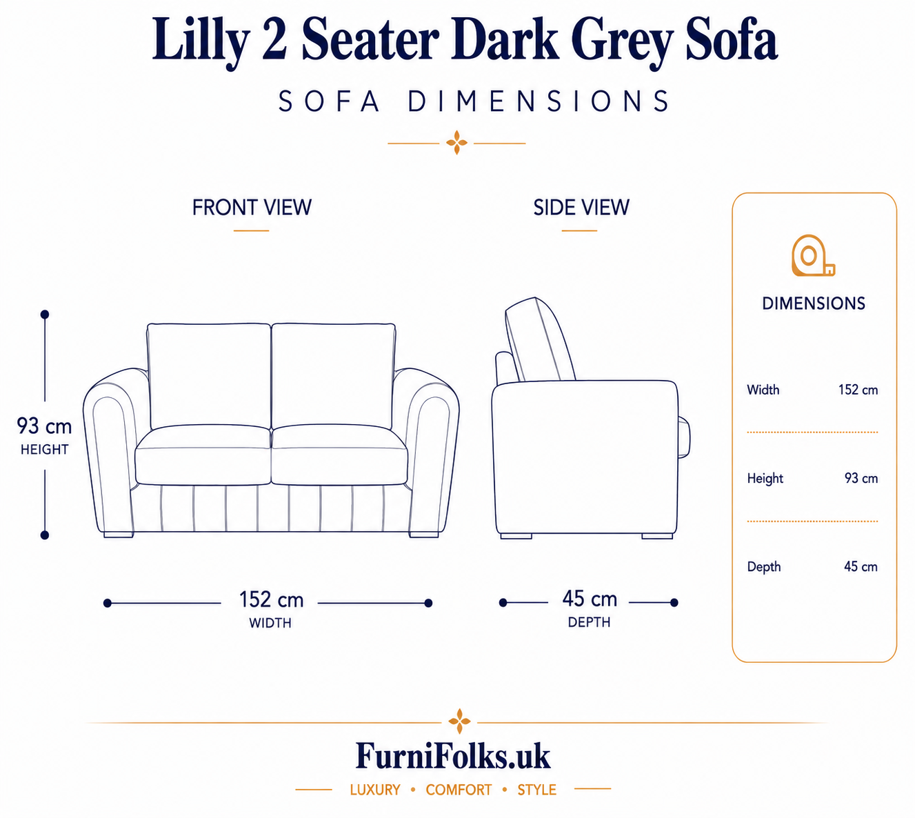 Lilly 2 Seater Jumbo Cord Dark Grey Sofa dimensions