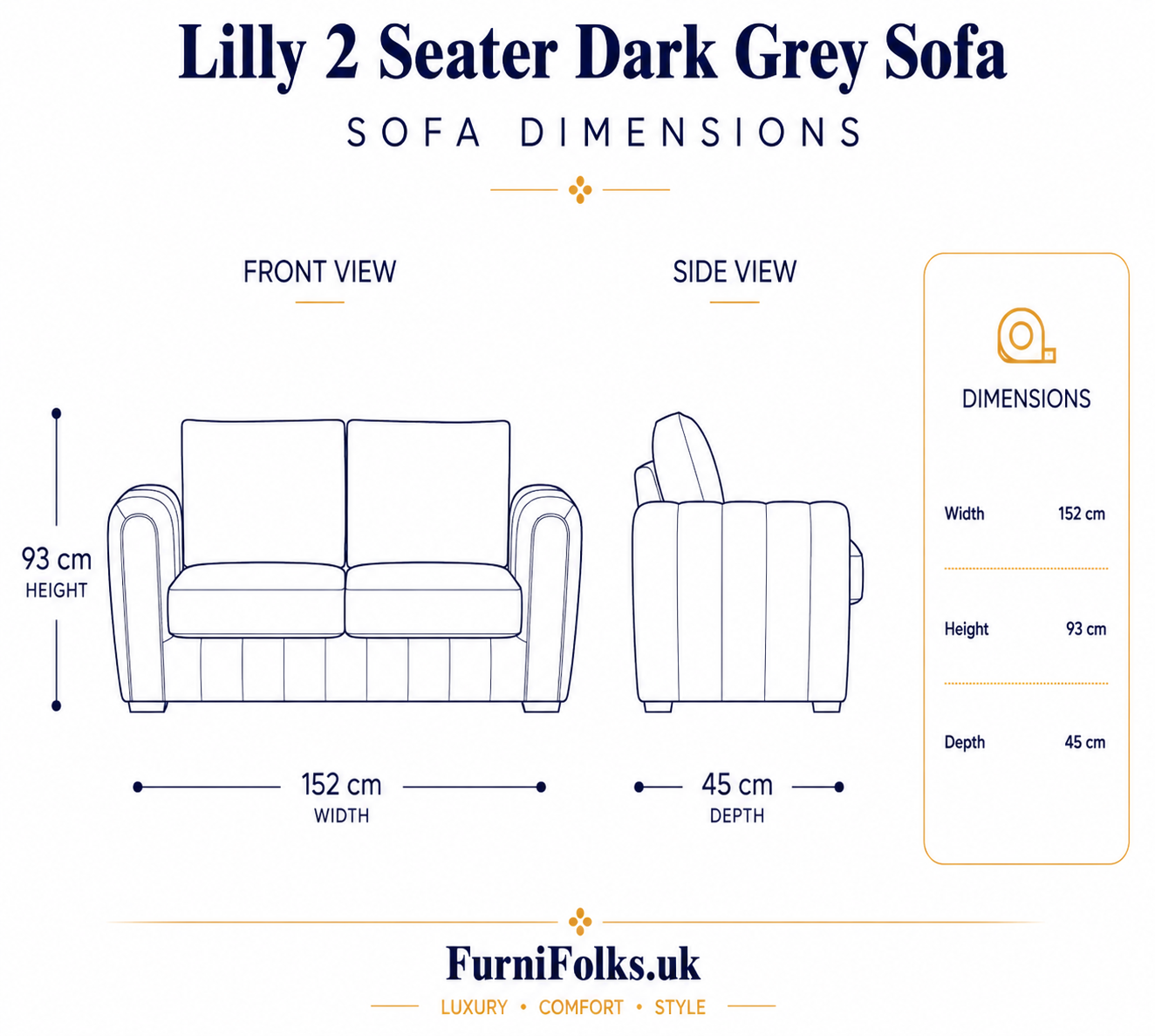 Lilly 2 Seater Plush Velvet Dark Grey Sofa dimensions