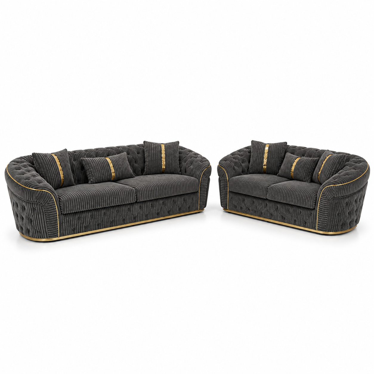 Madrid Chesterfield 3+2 Seater Jumbo Cord Dark Grey Sofa Set 1