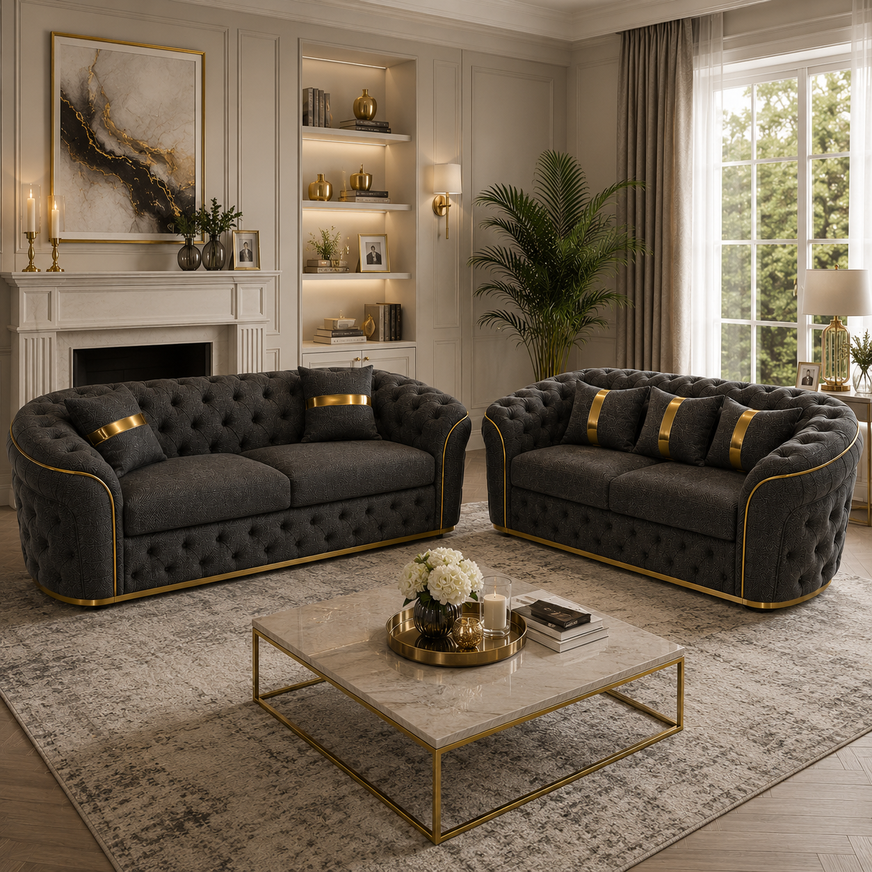 Madrid Chesterfield 3+2 Seater Naples & Kinsington Dark Grey Sofa Set 4