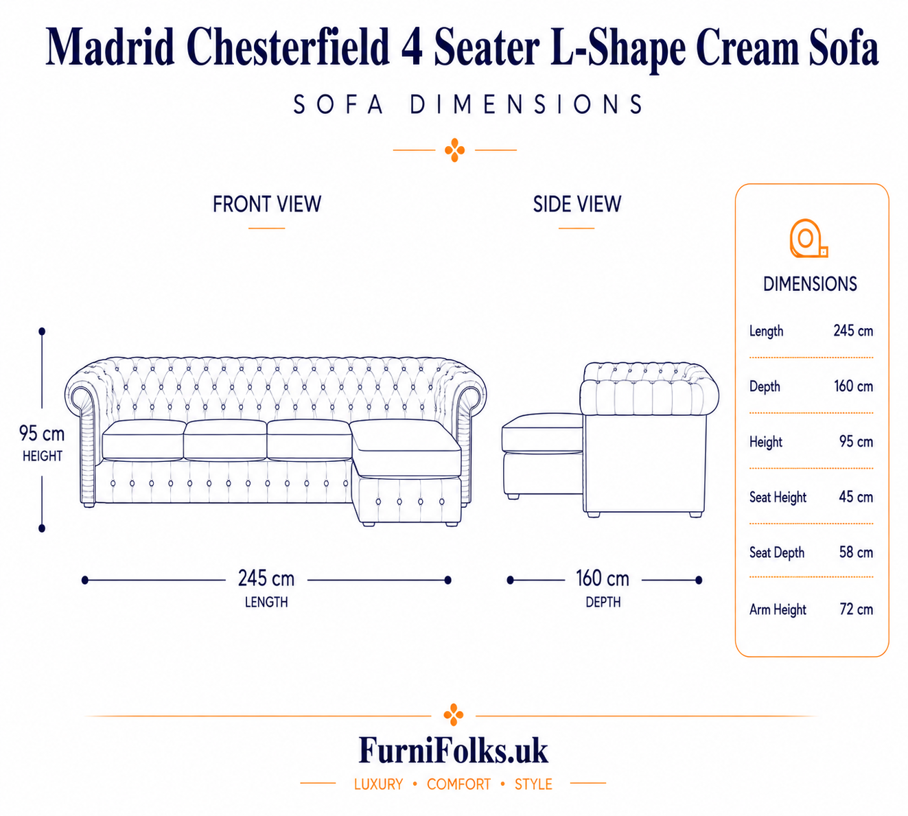Madrid Chesterfield 4 Seater L-Shape Chaise Crush Velvet Cream Sofa 6