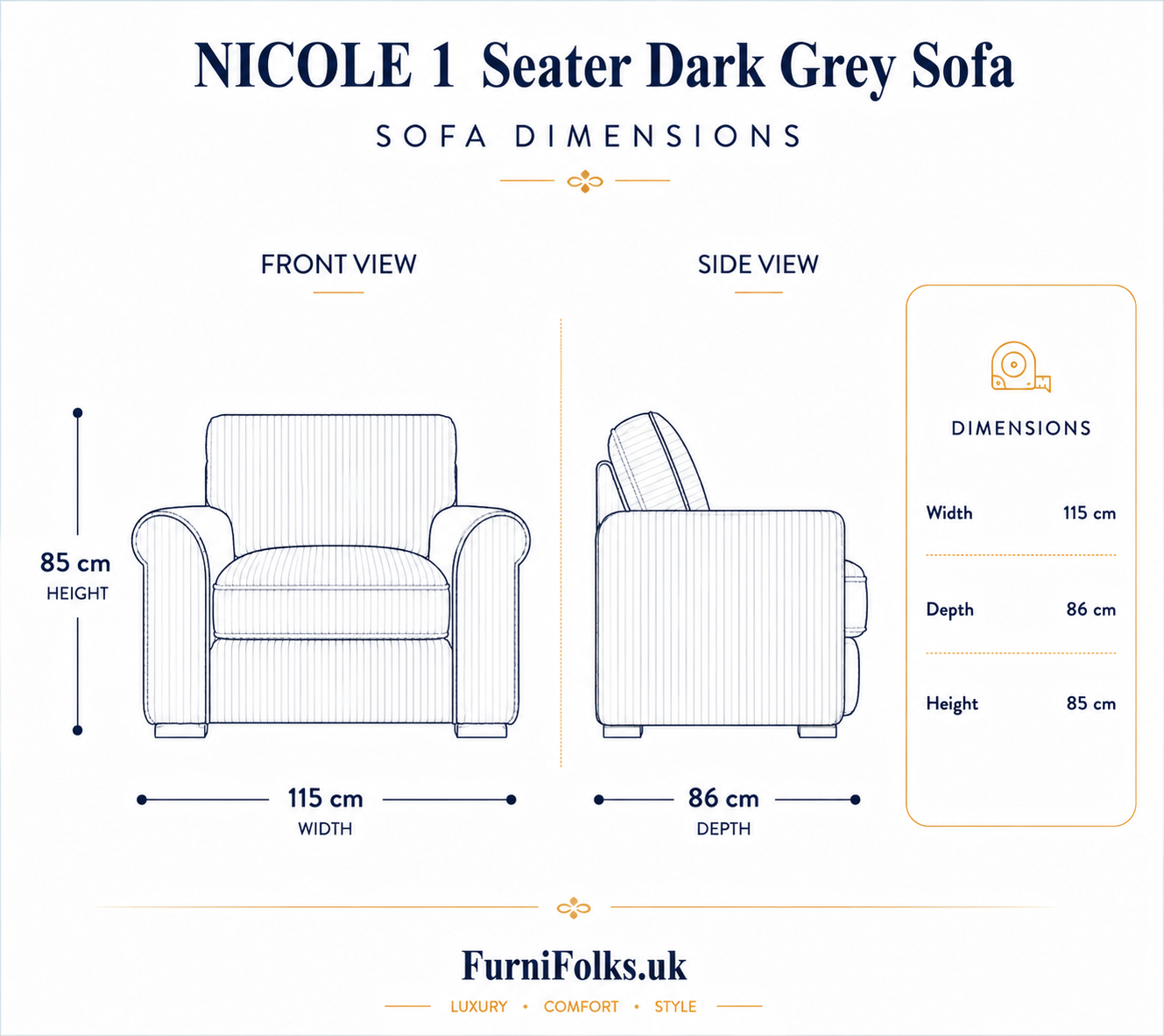 NICOLE 1 Seater Plush Velvet Dark Grey Sofa dimensions