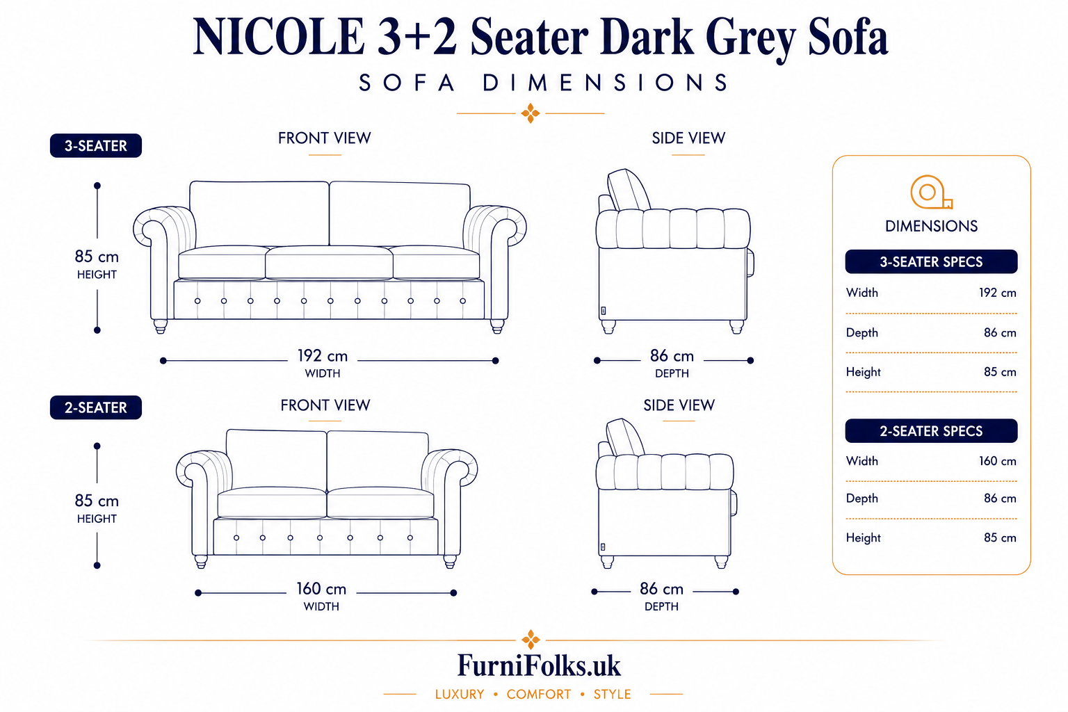 NICOLE 3+2 Seater Chenille Dark Grey Sofa dimensions