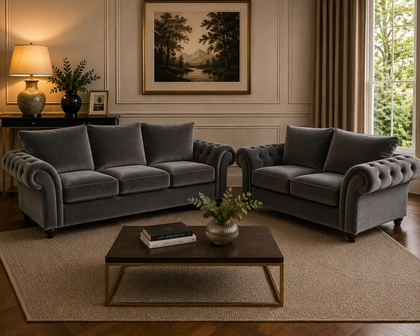 NICOLE 3+2 Seater Plush Velvet Dark Grey Sofa - Image 4