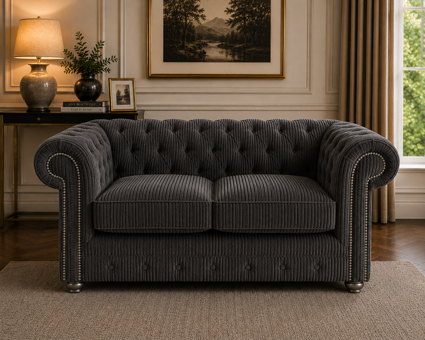 Olympia Chesterfield 2 Seater Jumbo Cord Dark Grey Sofa 4