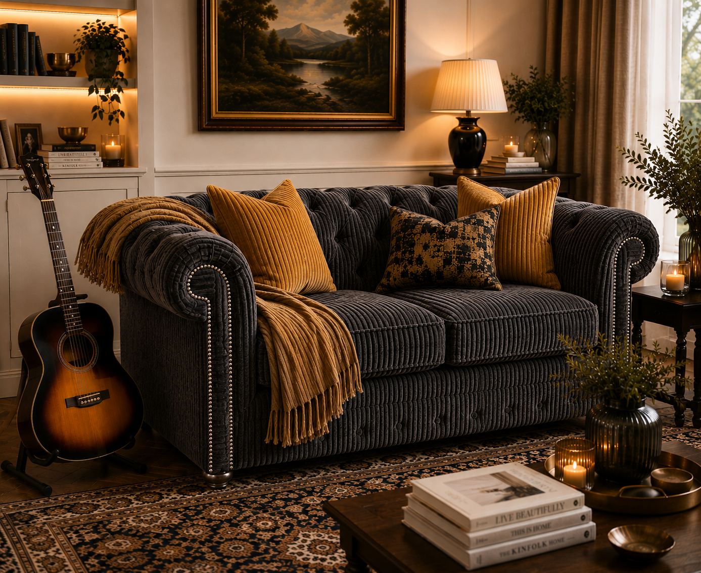 Olympia Chesterfield 2 Seater Jumbo Cord Dark Grey Sofa - Image 5