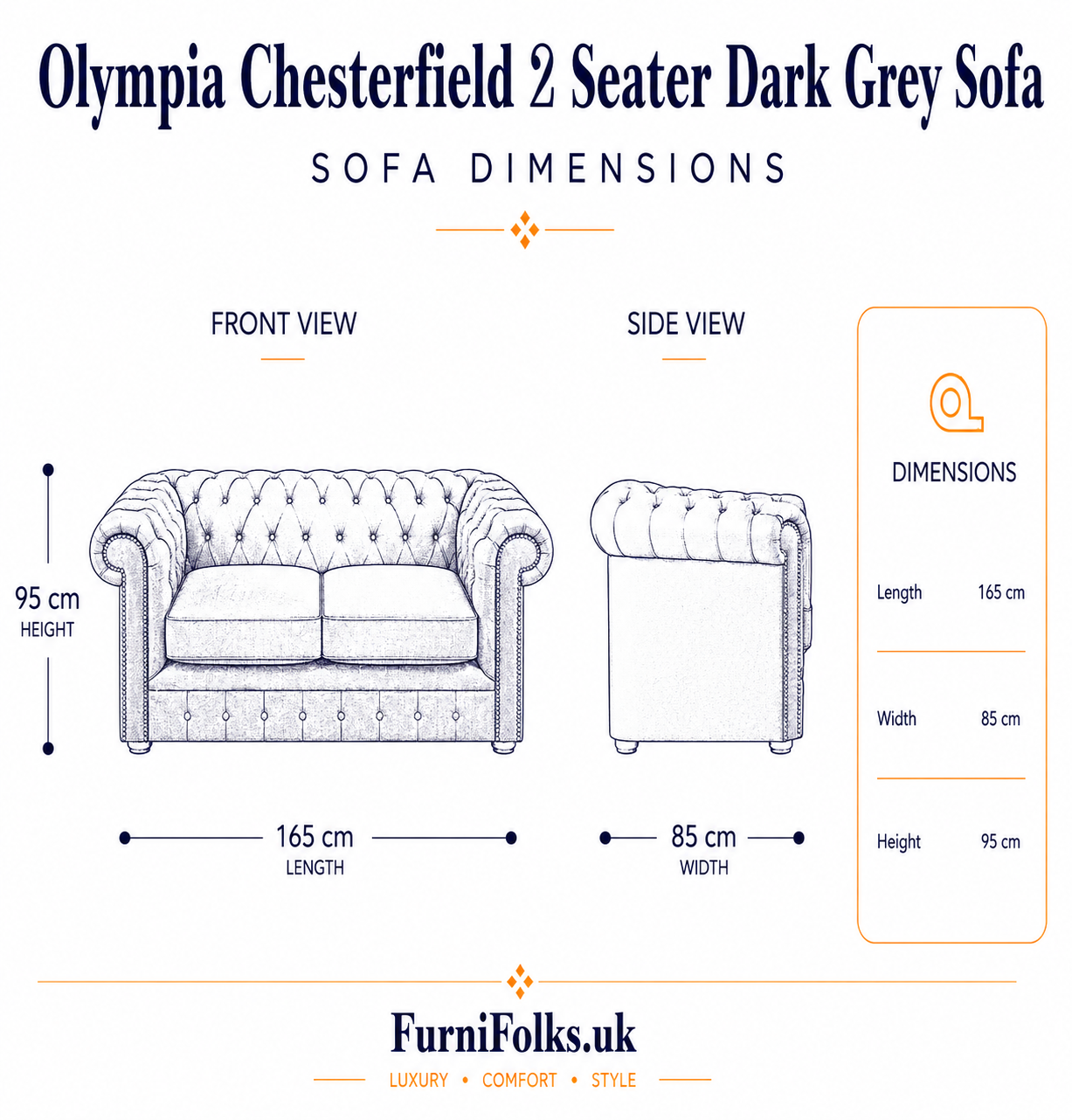 Olympia Chesterfield 2 Seater Jumbo Cord Dark Grey Sofa dimensions