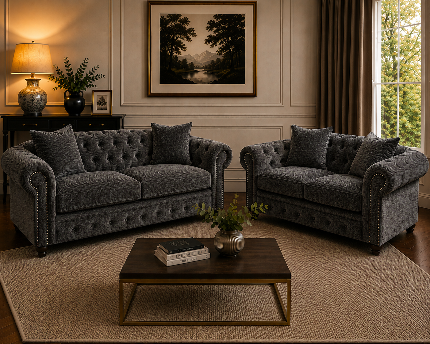 Olympia Chesterfield 3+2 Seater Corner Chenille Dark Grey Sofa - Image 4