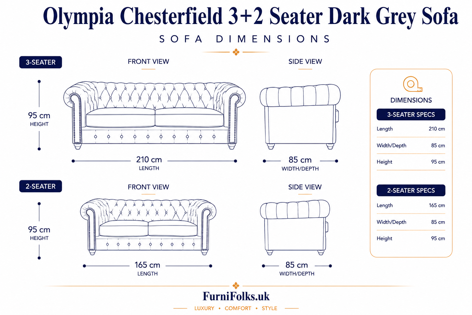Olympia Chesterfield 3+2 Seater Corner Chenille Dark Grey Sofa - Image 6