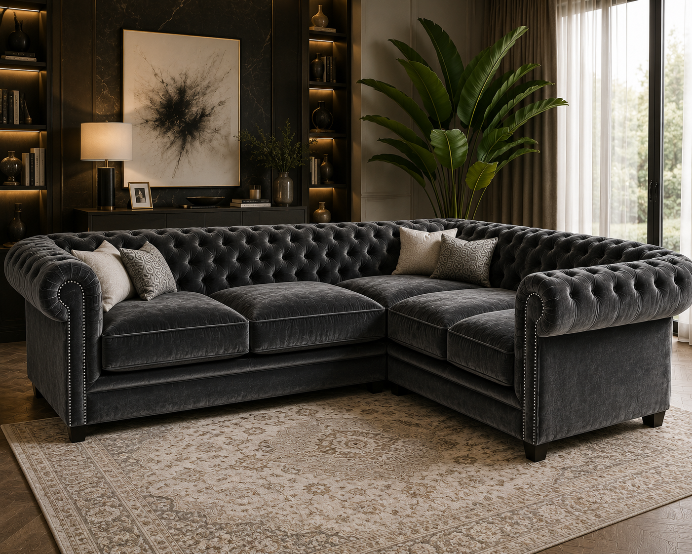 Olympia Chesterfield 5 Seater Corner Sofa Plush Velvet Dark Grey 4