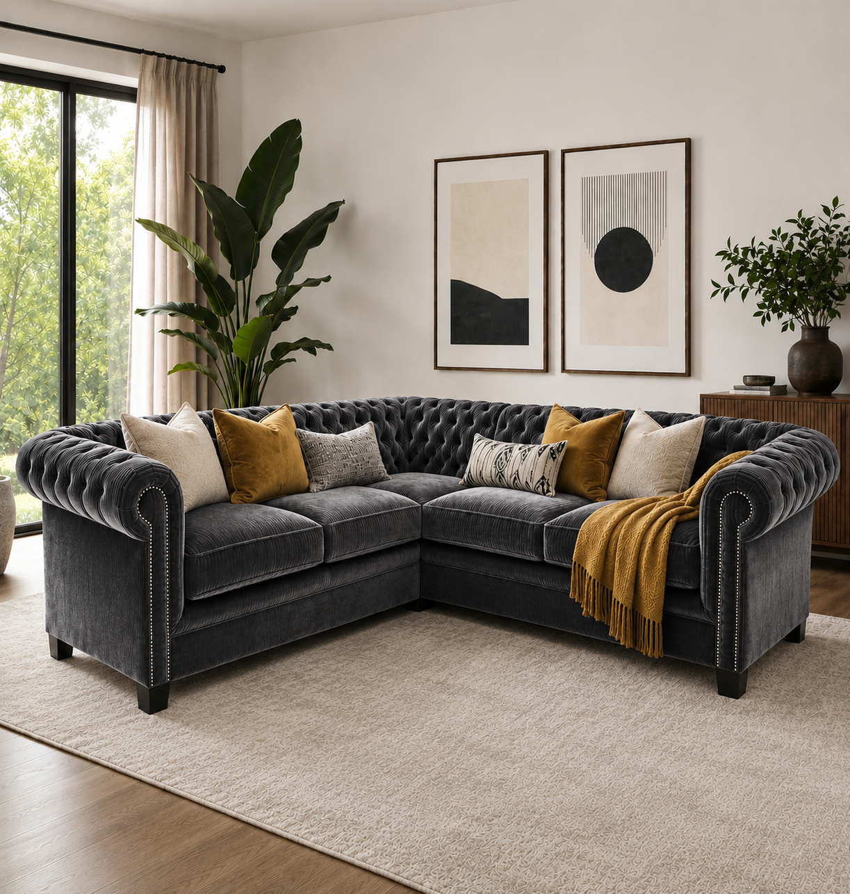 Olympia Chesterfield 5 Seater Corner Sofa Plush Velvet Dark Grey - Image 5