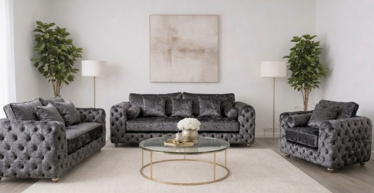 ASHTON 3+2+1 Seater Crush Velvet Dark Grey Sofa Set