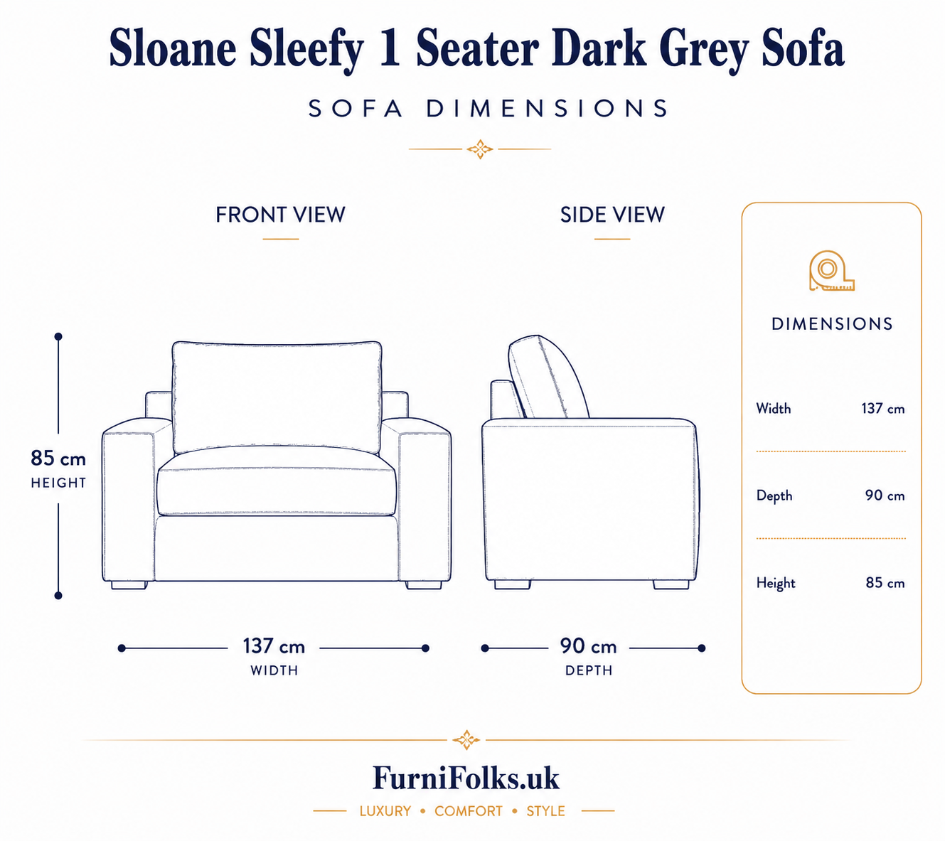 Sloane Sleefy 1 Seater Chenille Dark Grey Sofa dimensions