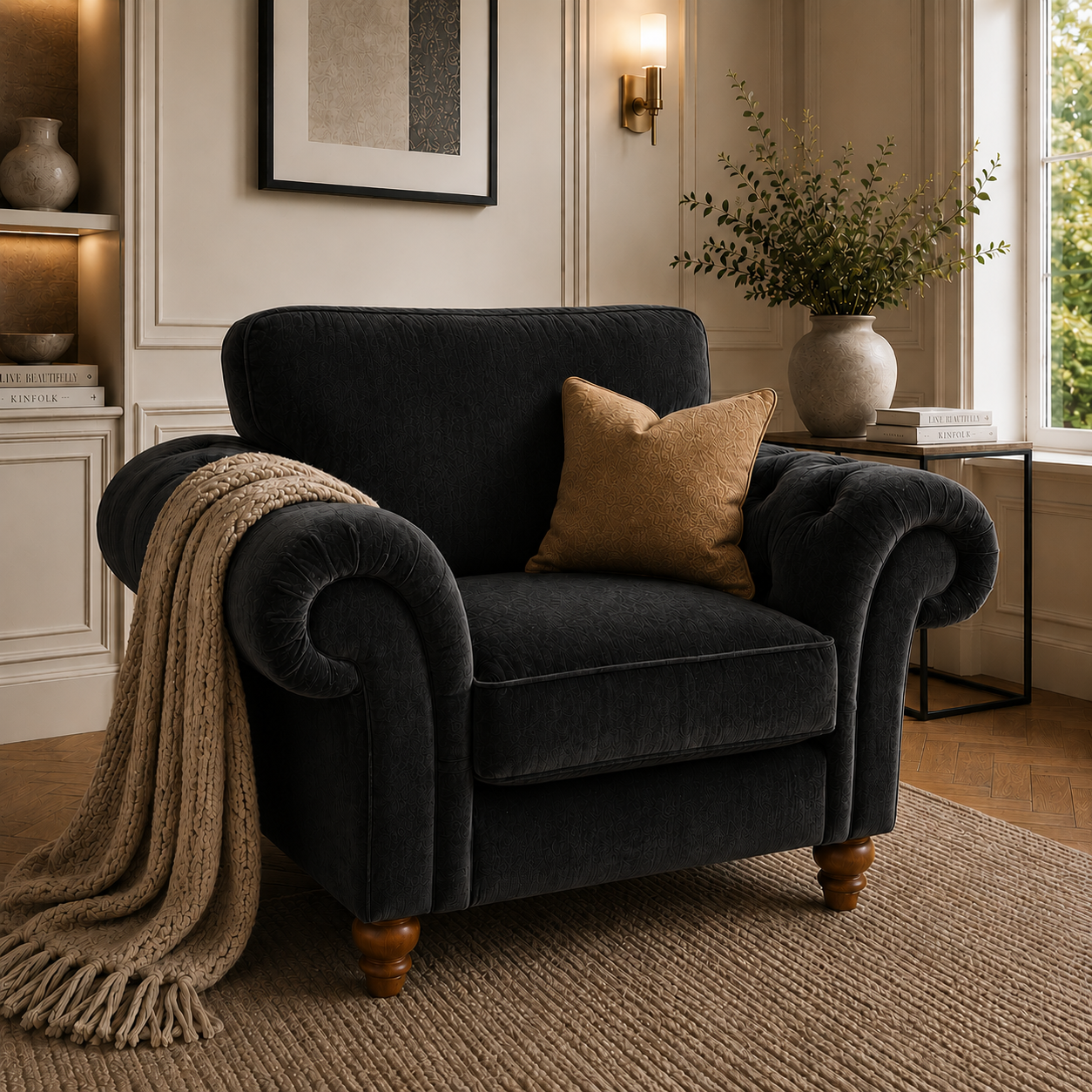 Nicole 1 Seater Plush Velvet Black Sofa 4