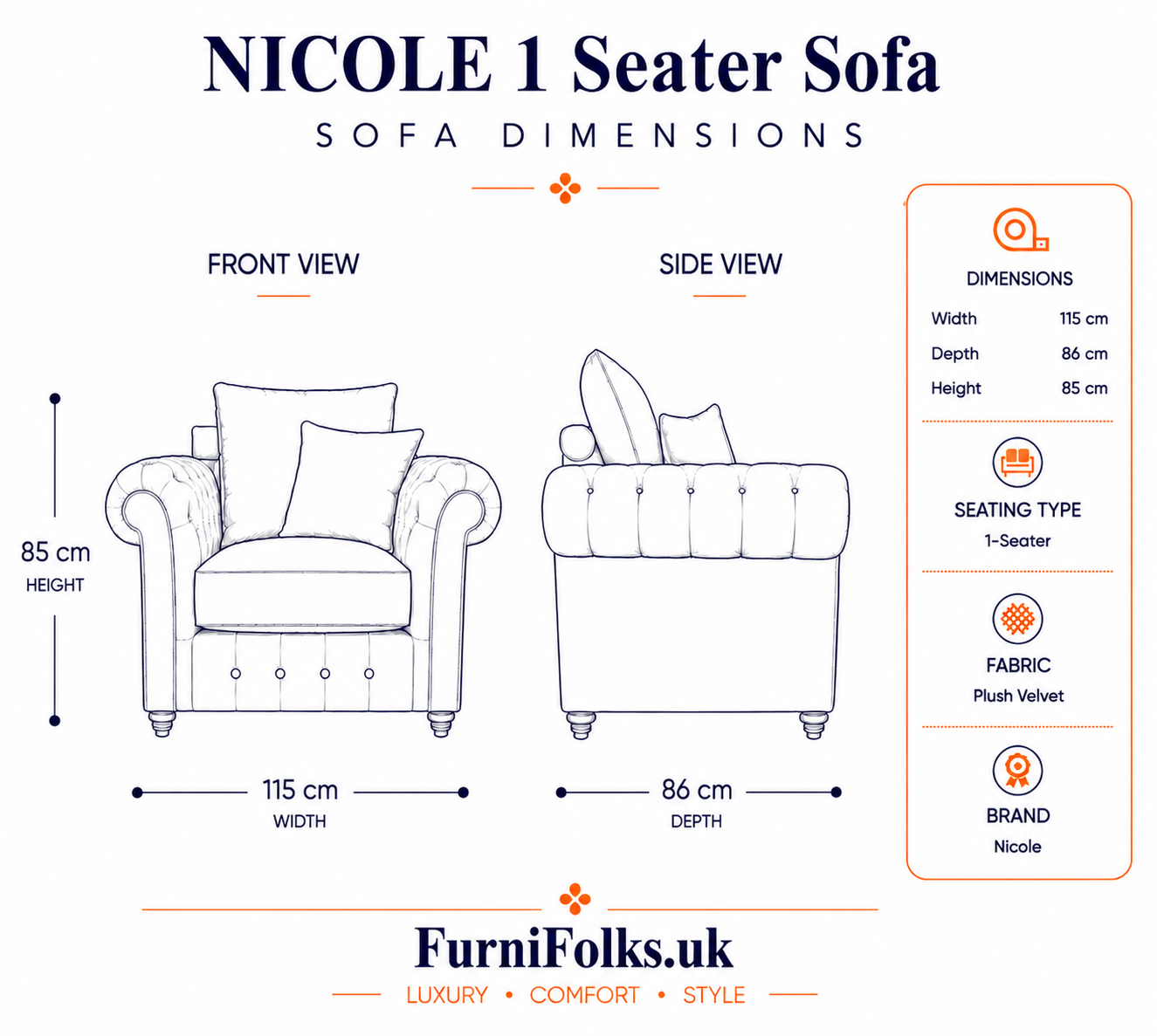 Nicole 1 Seater Plush Velvet Black Sofa 5