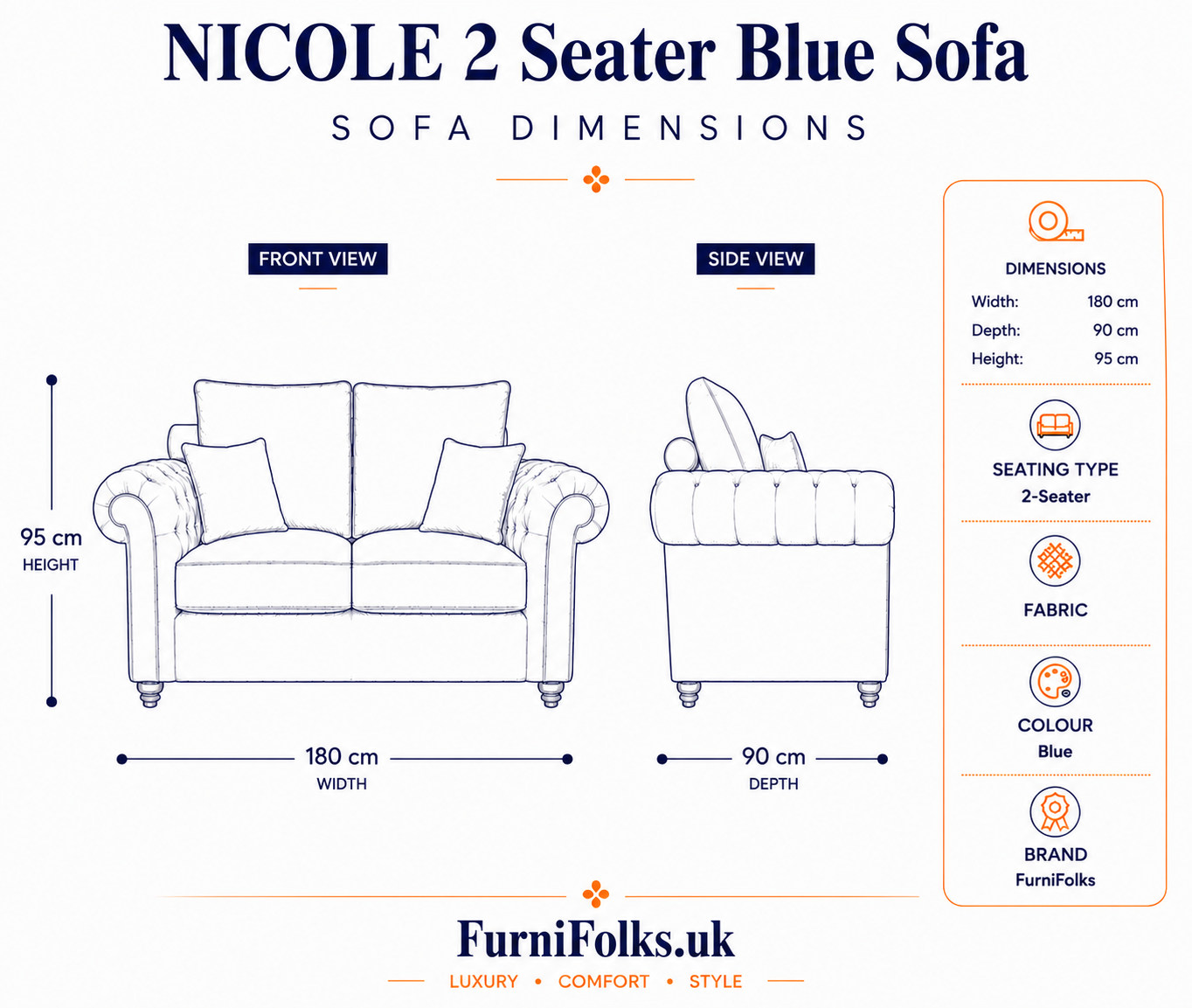 Nicole 2 Seater Plush Velvet Blue Sofa - Image 6