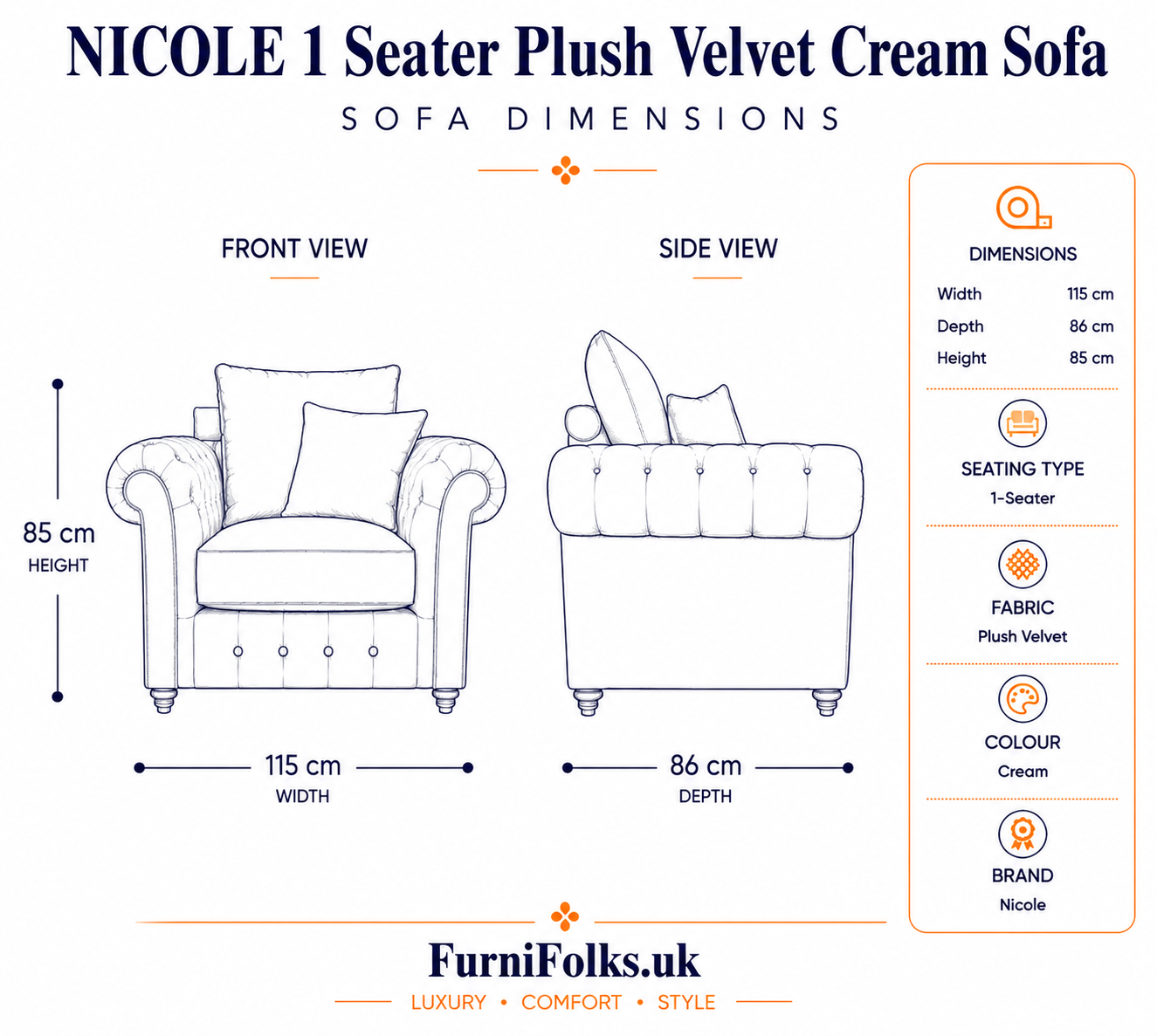 Nicole 1 Seatear Plush Velvet Cream Sofa 6