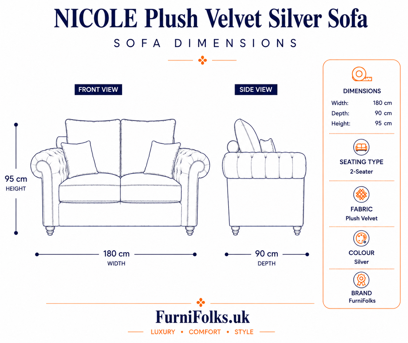 Nicole 2 Seater Plush Velvet Silver Sofa - Image 6