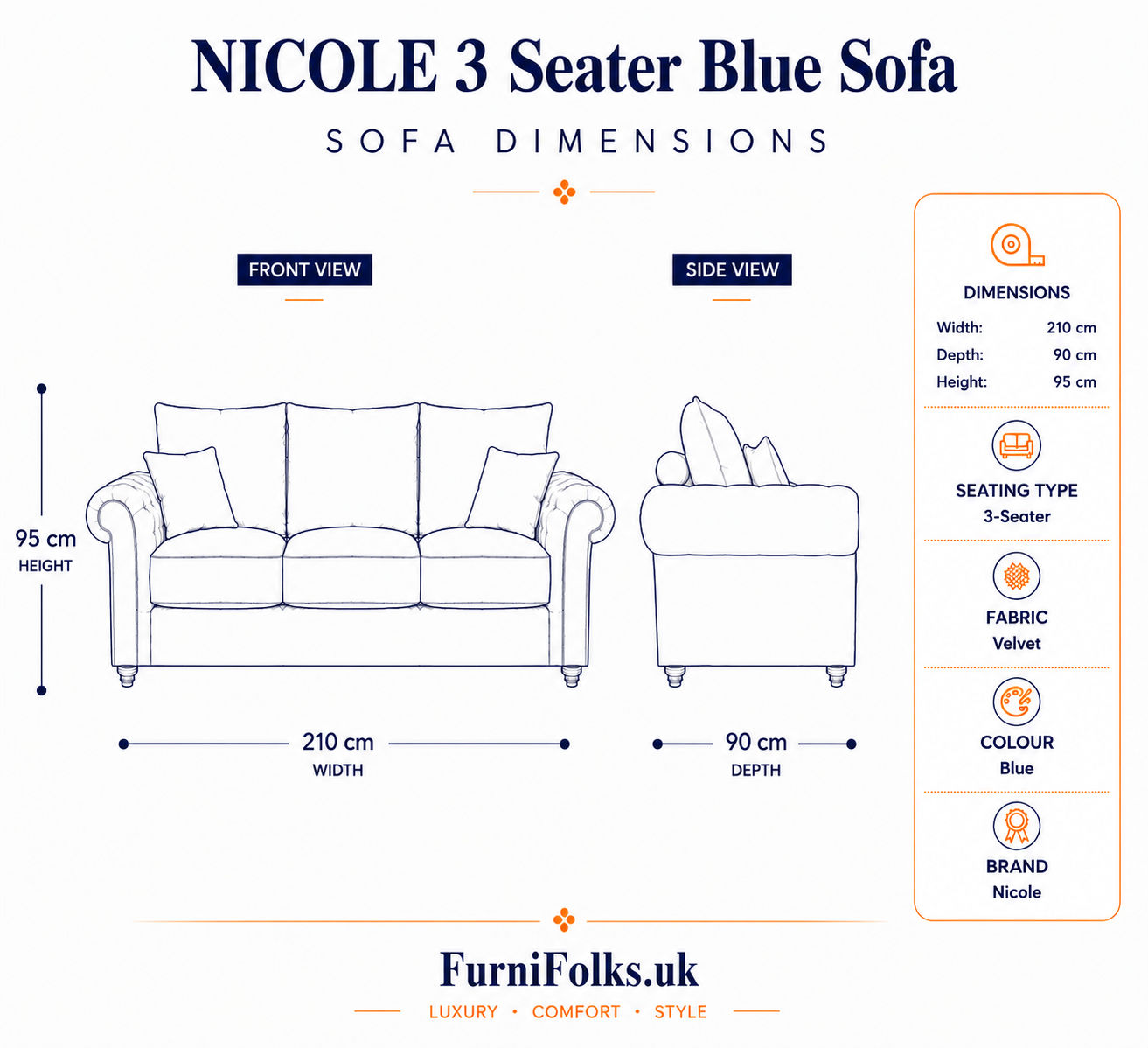 Nicole 3 Seater Plush Velvet Blue Sofa 6