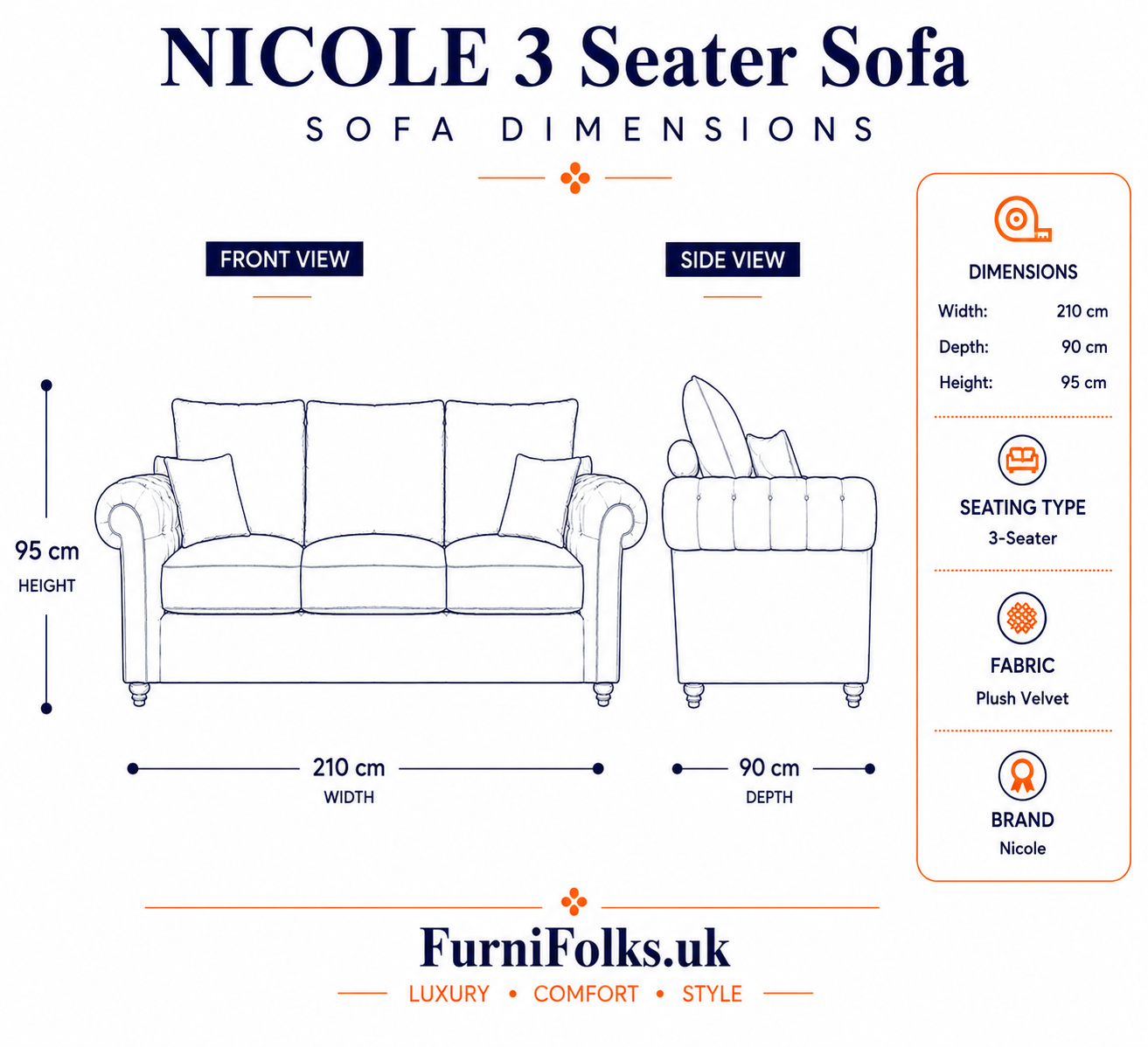 Nicole 3 Seater Plush Velvet Cream Sofa 6